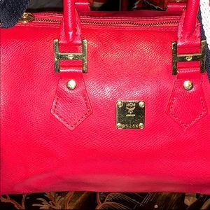 Vintage Numbered Limited Ed Rare MCM Red Leather Boston Satchel and Shoulder Bag